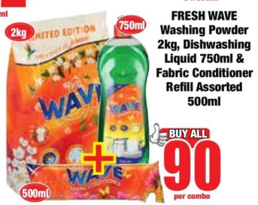 FRESH WAVE Washing Powder 2kg, Dishwashing Liquid 750ml & Fabric Conditioner Refill Assorted 500ml