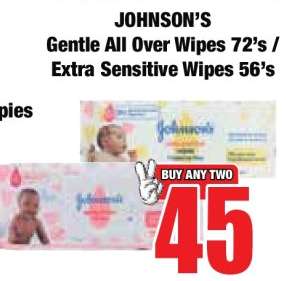 JOHNSON'S Gentle All Over Wipes 72's & Extra Sensitive Wipes 56's
