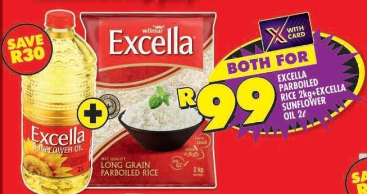 Excella Parboiled Rice 2kg + Excella Sunflower Oil 2L