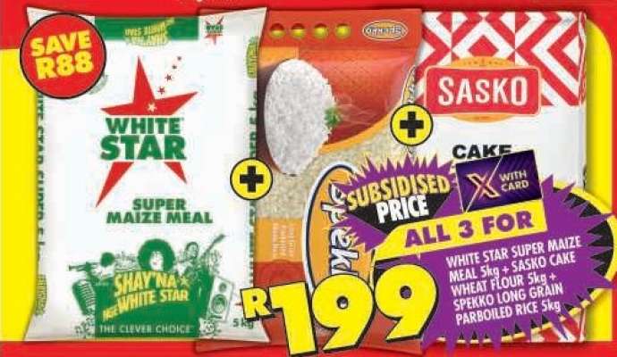 White Star Super Maize Meal 5kg + Sasko Cake Wheat Flour 5kg + Spekko Long Grain Parboiled Rice 5kg