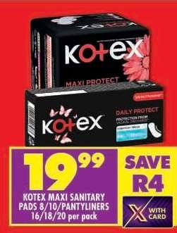 KOTEX MAXI SANITARY PADS 8/10/PANTYLINERS 16/18/20 per pack