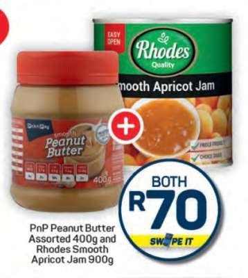PnP Peanut Butter Assorted 400g and Rhodes Smooth Apricot Jam 900g
