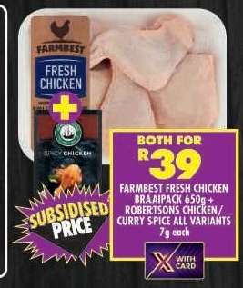 FARMBEST FRESH CHICKEN BRAAIPACK 650g + ROBERTSONS CHICKEN / CURRY SPICE ALL VARIANTS 7g each