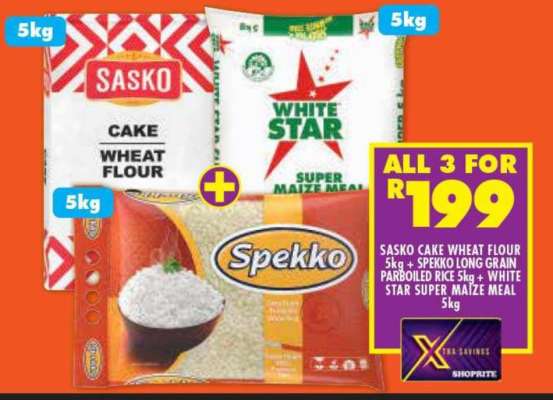 SASKO CAKE WHEAT FLOUR 5kg + SPEKKO LONG GRAIN PARBOILED RICE 5kg + WHITE STAR SUPER MAIZE MEAL 5kg