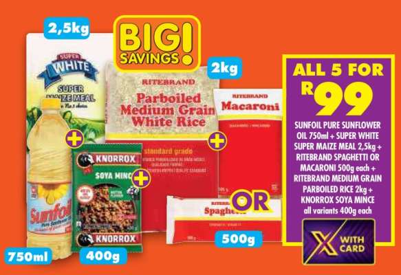 Sunfoil Pure Sunflower Oil 750ml + Super White Super Maize Meal 2.5kg + Ritebrand Spaghetti or Macaroni 500g each + Ritebrand Medium Grain Parboiled Rice 2kg + Knorrox Soya Mince all variants 400g each
