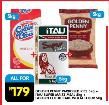 GOLDEN PENNY PARBOILED RICE 5kg + ITAU SUPER MAIZE MEAL 5kg + GOLDEN CLOUD CAKE WHEAT FLOUR 5kg