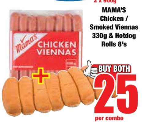 MAMA'S Chicken / Smoked Viennas 330g & Hotdog Rolls 8's