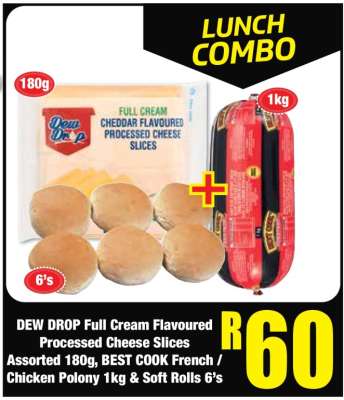 DEW DROP Full Cream Flavoured Processed Cheese Slices Assorted 180g, BEST COOK French / Chicken Polony 1kg & Soft Rolls 6's