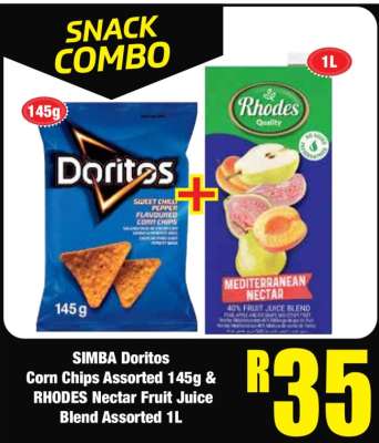 SIMBA Doritos Corn Chips Assorted 145g & RHODES Nectar Fruit Juice Blend Assorted 1L