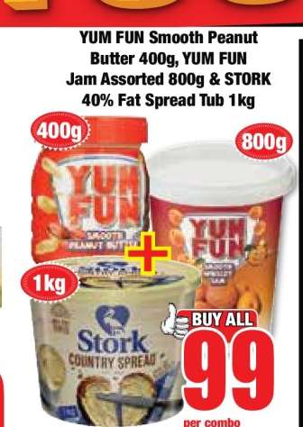 YUM FUN Smooth Peanut Butter 400g, YUM FUN Jam Assorted 800g & STORK 40% Fat Spread Tub 1kg