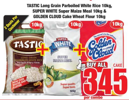 TASTIC Long Grain Parboiled White Rice 10kg, SUPER WHITE Super Maize Meal 10kg & GOLDEN CLOUD Cake Wheat Flour 10kg