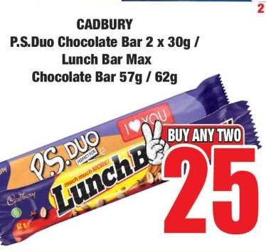 CADBURY P.S.Duo Chocolate Bar 2 x 30g / Lunch Bar Max Chocolate Bar 57g / 62g