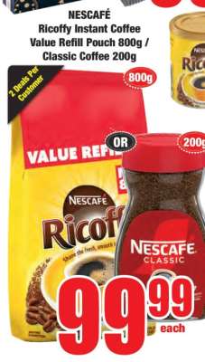 NESCAFÉ Ricoffy Instant Coffee Value Refill Pouch 800g / Classic Coffee 200g