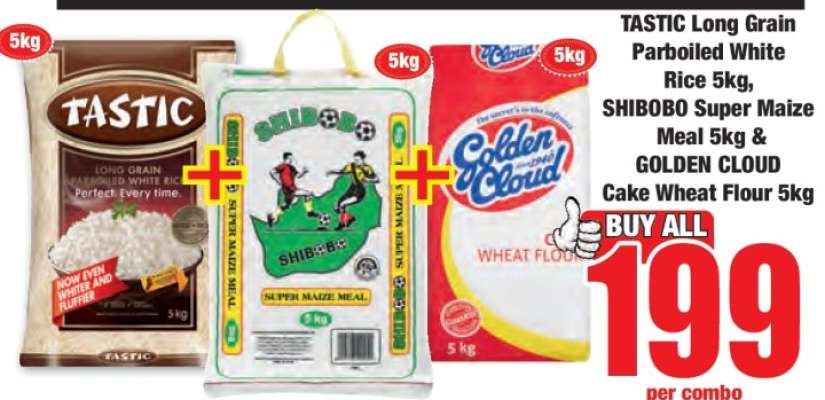 TASTIC Long Grain Parboiled White Rice 5kg, SHIBOBO Super Maize Meal 5kg & GOLDEN CLOUD Cake Wheat Flour 5kg