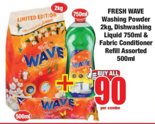 FRESH WAVE Washing Powder 2kg, Dishwashing Liquid 750ml & Fabric Conditioner Refill Assorted 500ml