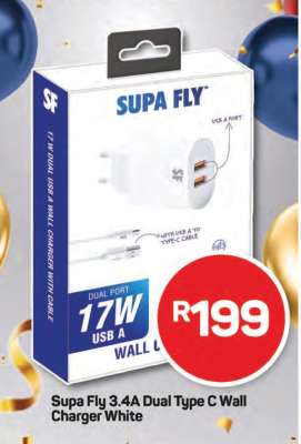 Supa Fly 3.4A Dual Type C Wall Charger White