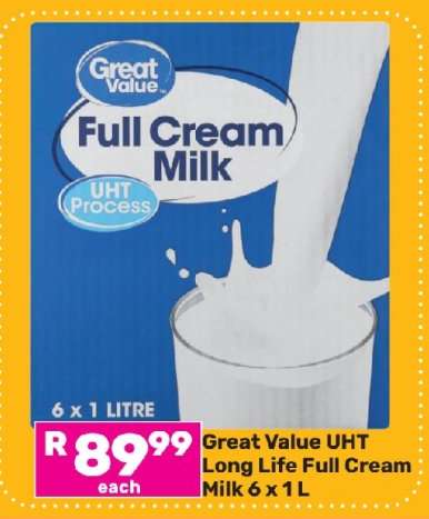 Great Value UHT Long Life Full Cream Milk 6 x 1 L