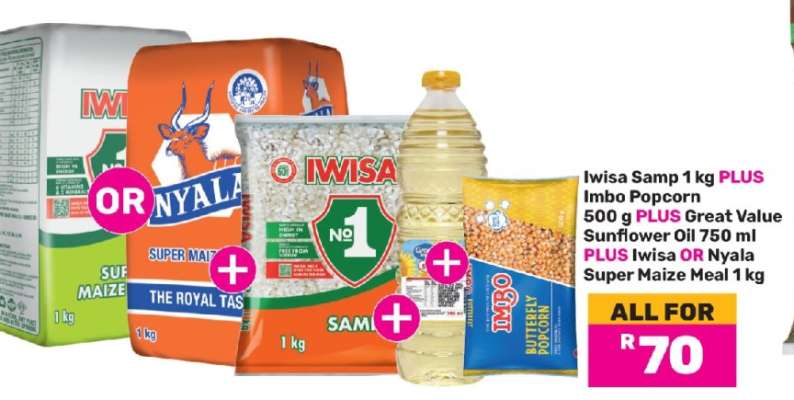 Iwisa Samp 1 kg PLUS Imbo Popcorn 500 g PLUS Great Value Sunflower Oil 750 ml PLUS Iwisa OR Nyala Super Maize Meal 1 kg