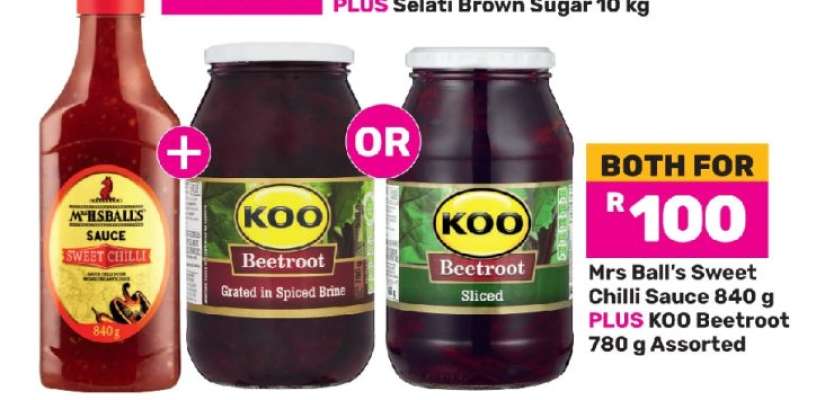 Mrs Ball's Sweet Chilli Sauce 840 g PLUS KOO Beetroot 780 g Assorted
