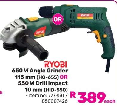 RYOBI 650 W Angle Grinder 115 mm (HG-655) OR 550 W Drill Impact 10 mm (HID-550)