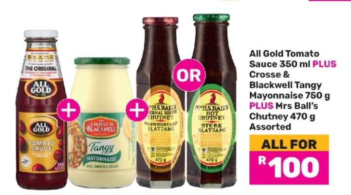 All Gold Tomato Sauce, Crosse & Blackwell Tangy Mayonnaise, Mrs Ball’s Chutney
