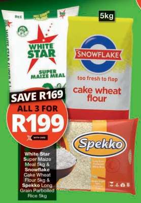 White Star Super Maize Meal 5kg & Snowflake Cake Wheat Flour 5kg & Spekko Long Grain Parboiled Rice 5kg