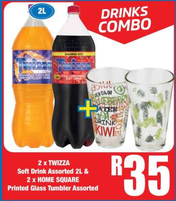 2 x TWIZZA Soft Drink Assorted 2L & 2 x HOME SQUARE Printed Glass Tumbler Assorted
