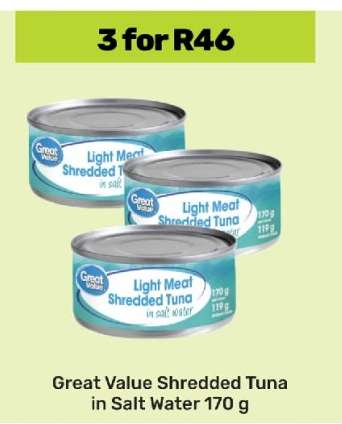 Great Value Shredded Tuna in Salt Water 170 g