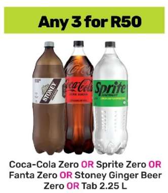 Coca-Cola Zero, Sprite Zero, Fanta Zero, Stoney Ginger Beer Zero, Tab