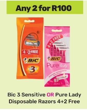 Bic 3 Sensitive OR Pure Lady Disposable Razors 4+2 Free