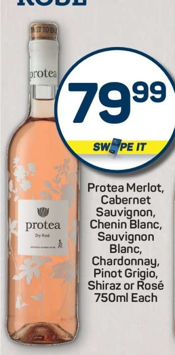 Protea Merlot, Cabernet Sauvignon, Chenin Blanc, Sauvignon Blanc, Chardonnay, Pinot Grigio, Shiraz or Rosé