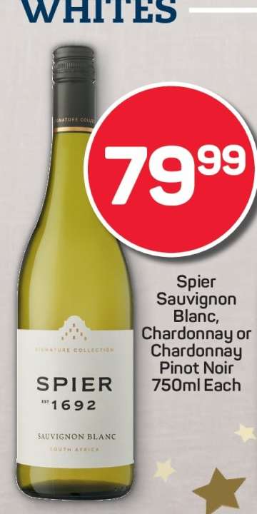 Spier Sauvignon Blanc, Chardonnay or Chardonnay Pinot Noir 750ml Each