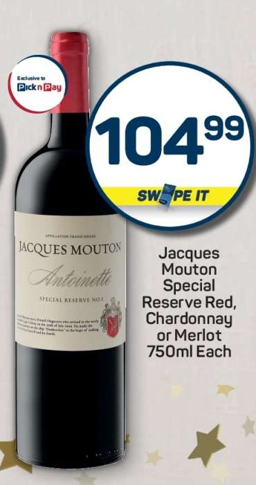 Jacques Mouton Special Reserve Red, Chardonnay or Merlot 750ml Each