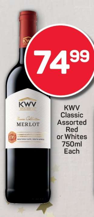 KWV Classic Assorted Red or Whites 750ml Each