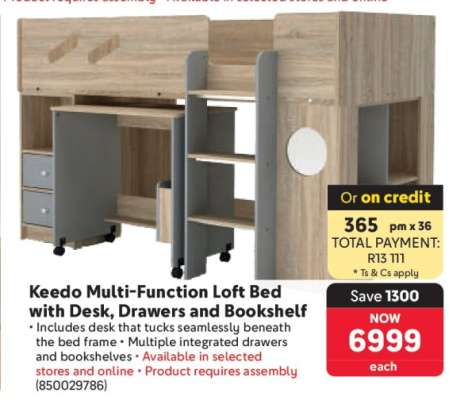 Keedo Multi-Function Loft Bed with Desk, Drawers and Bookshelf