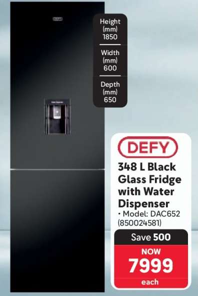 DEFY 348 L Black Glass Fridge with Water Dispenser