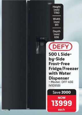 DEFY 500 L Side-by-Side Frost Free Fridge/Freezer with Water Dispenser