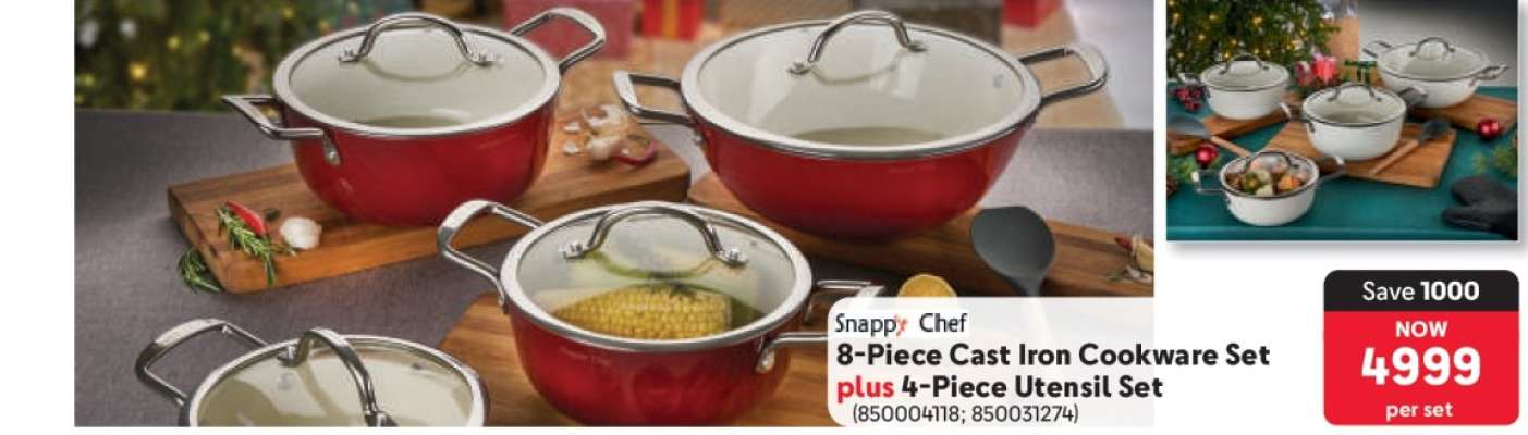 Snappy Chef 8-Piece Cast Iron Cookware Set plus 4-Piece Utensil Set