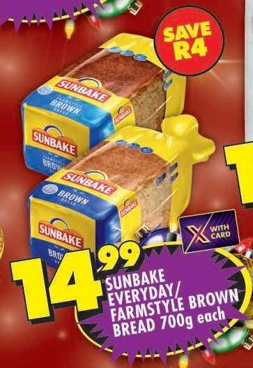 SUNBAKE EVERYDAY/FARMSTYLE BROWN BREAD 700g each
