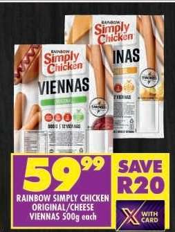 RAINBOW SIMPLY CHICKEN ORIGINAL/CHEESE VIENNAS 500g each