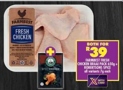 FARMBEST FRESH CHICKEN BRAAI PACK 650g + ROBERTSONS SPICE