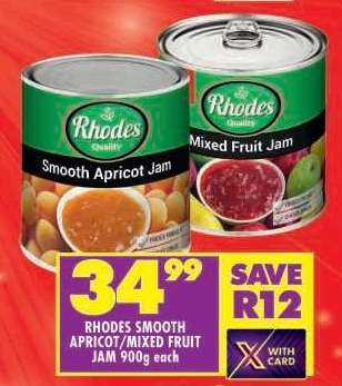 RHODES SMOOTH APRICOT/MIXED FRUIT JAM 900g