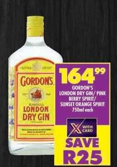 Gordon's London Dry Gin / Pink Berry Spirit / Sunset Orange Spirit 750ml each
