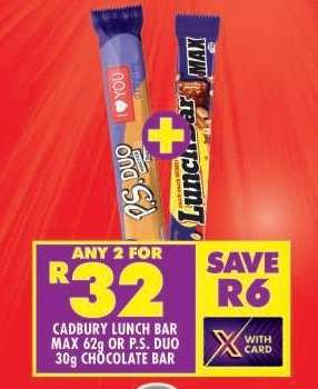 Cadbury Lunch Bar Max 62g or P.S. Duo 30g Chocolate Bar