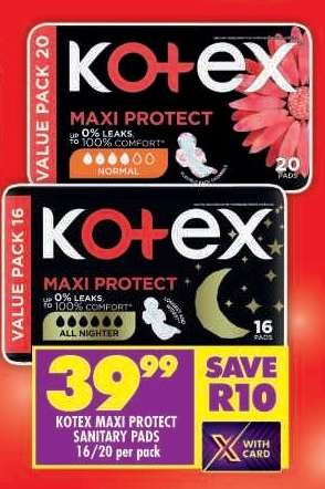 KOTEX MAXI PROTECT SANITARY PADS 16/20 per pack