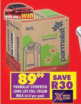 PARMALAT EVERFRESH LONG LIFE FULL CREAM MILK 6x1ℓ per pack
