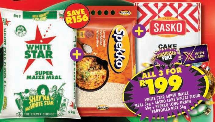 White Star Super Maize Meal 5kg + Sasko Cake Wheat Flour 5kg + Spekko Long Grain Parboiled Rice 5kg