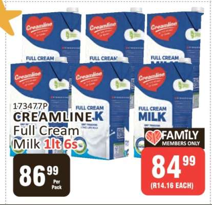 CREAMLINE Full Cream Milk 1lt 6s