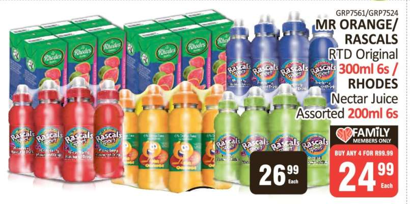 MR ORANGE/RASCALS RTD Original 300ml 6s / RHODES Nectar Juice Assorted 200ml 6s