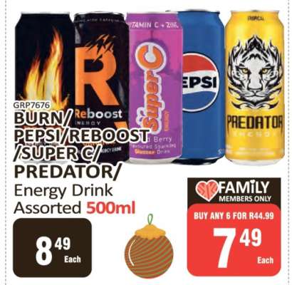 BURN/PEPSI/REBOOST/SUPER C/PREDATOR Energy Drink Assorted 500ml